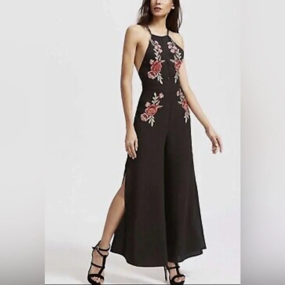 Luxxel Floral Embroidered Black Jumpsuit
